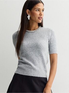 Nine West Gray Knit Sweater Top with Textured Fabric